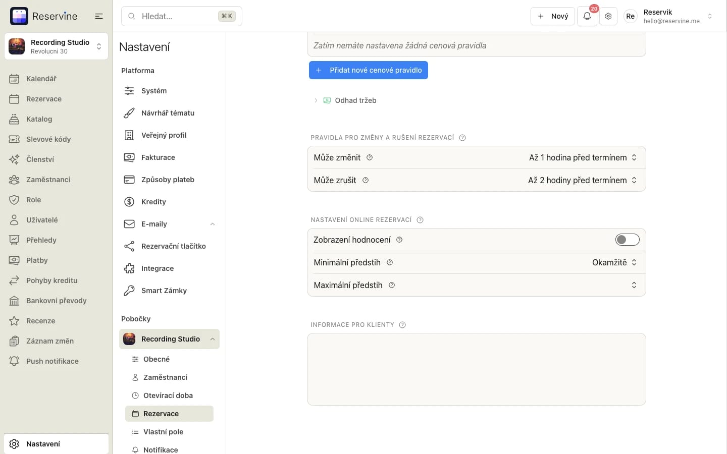 Nastavení online rezervací s předstihem rezervací a zobrazením hodnocení