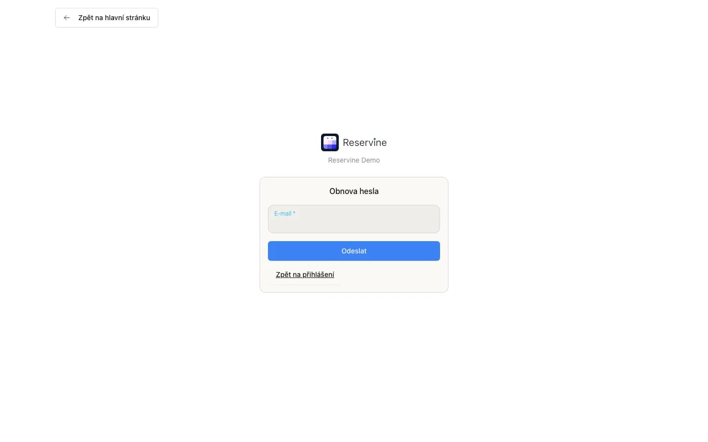 Stránka Obnova hesla s polem pro e-mail a tlačítkem Odeslat