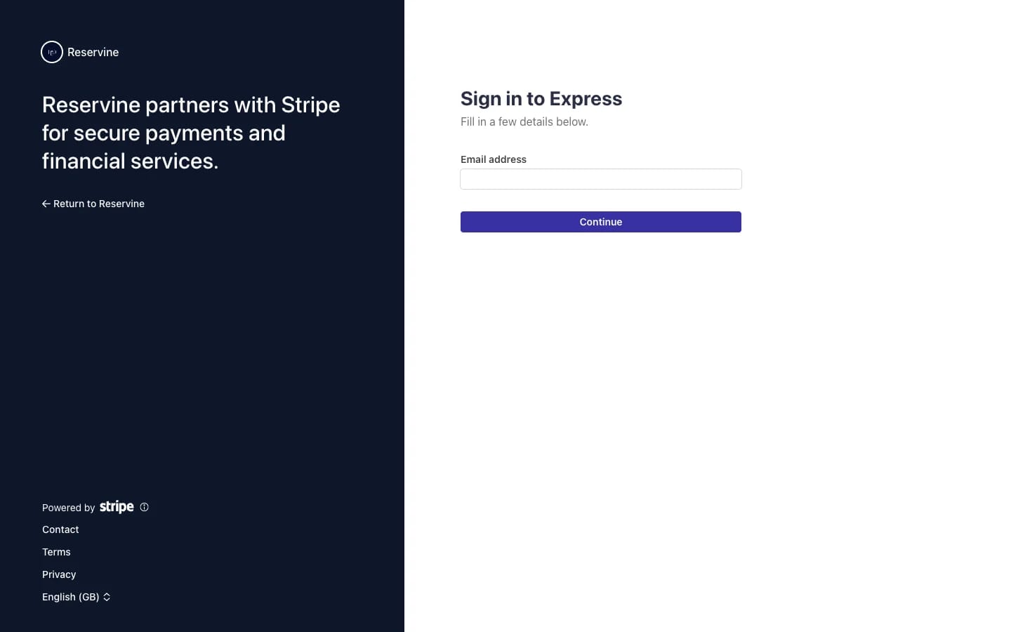Úvodní obrazovka zabezpečeného registračního formuláře Stripe pro Reservine