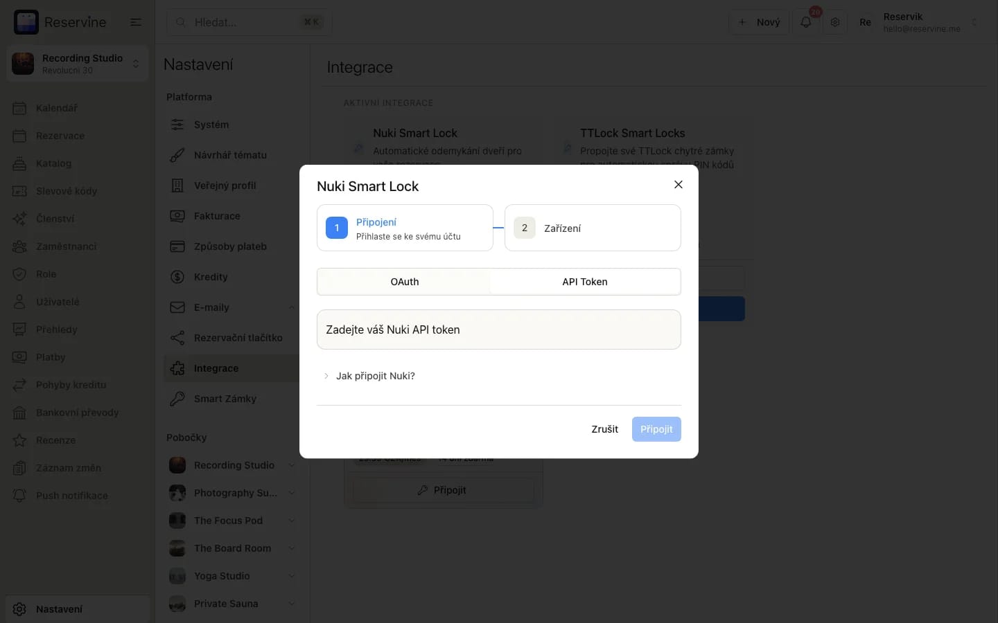 Dialog propojení Nuki přes API token s polem pro vložení tokenu