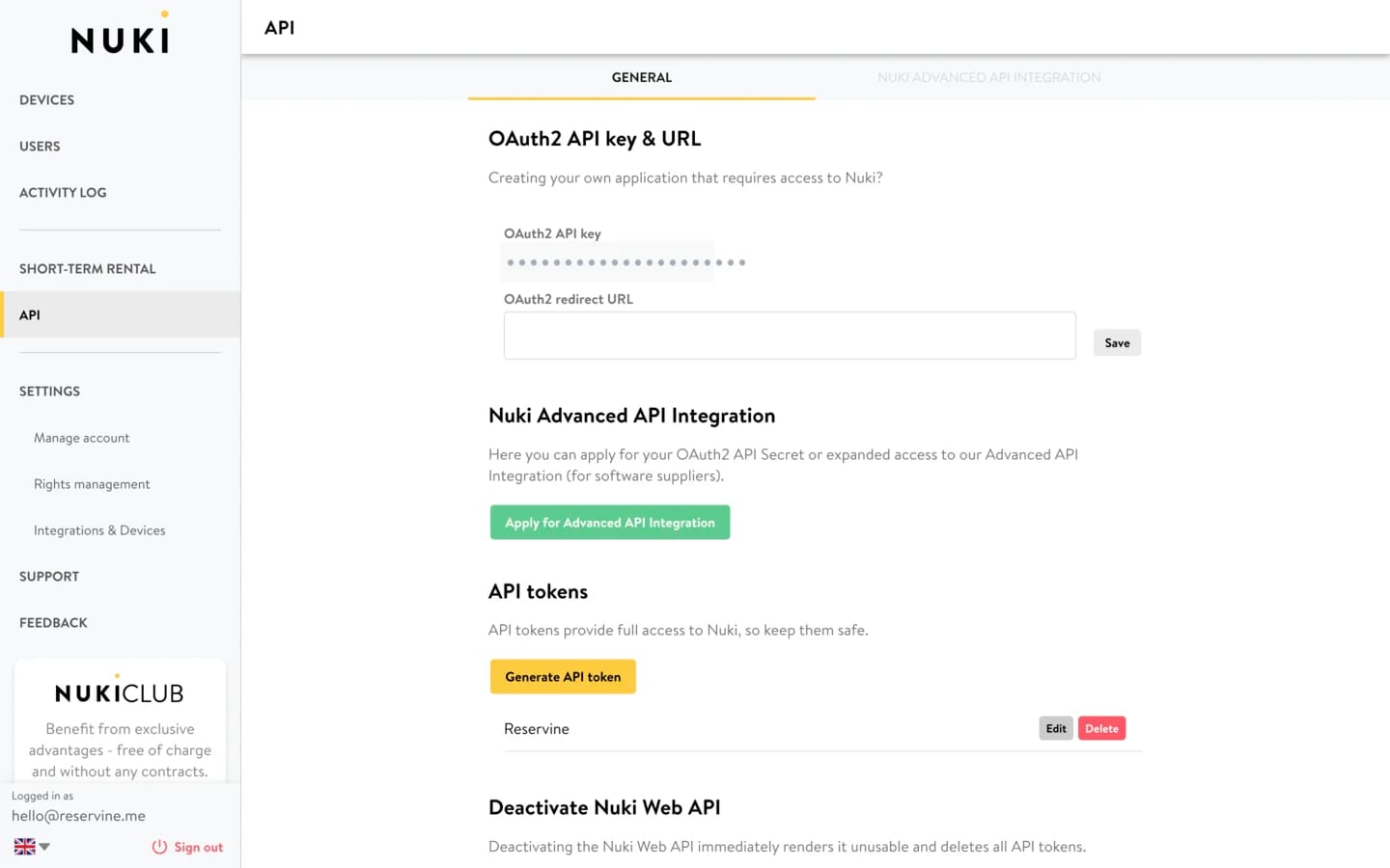 Stránka API v Nuki Web se sekcí API tokens a tlačítkem Generate API token