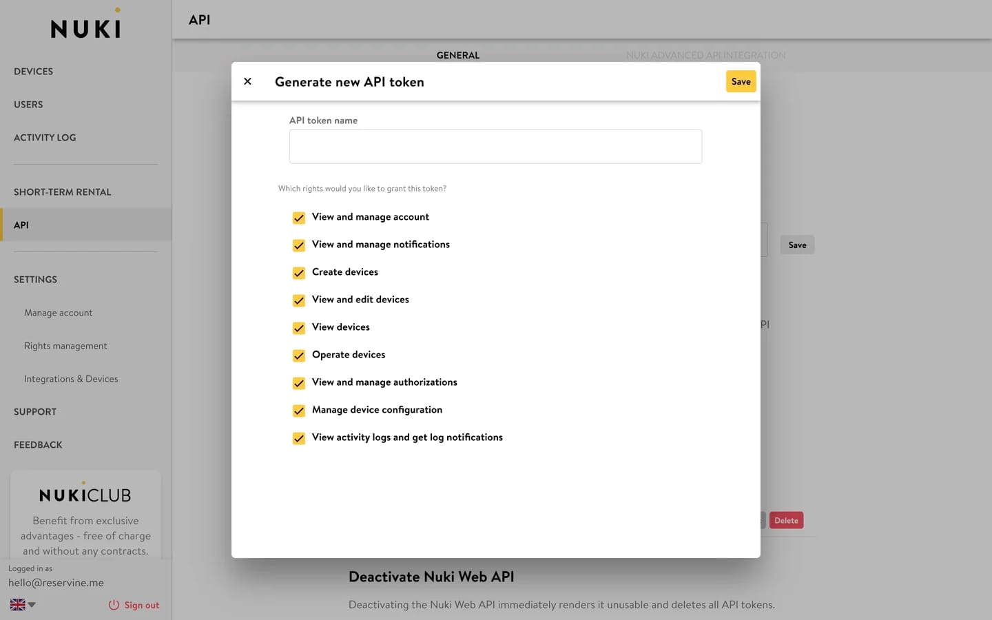 Dialog Generate new API token v Nuki Web s názvem tokenu a seznamem oprávnění