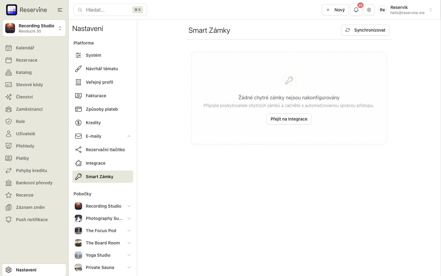 Stránka Smart Zámky v administraci Reservine s tlačítkem Synchronizovat